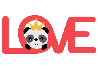 Cute panda peeking on word love