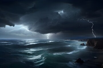Night sea dramatic landscape with a storm. Night storm on the ocean. Gloomy giant waves and lightning. Dark cloudy sky above the water. Generative AI - obrazy, fototapety, plakaty