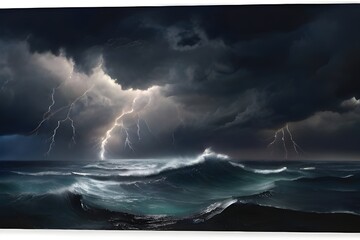 Night sea dramatic landscape with a storm. Night storm on the ocean. Gloomy giant waves and...