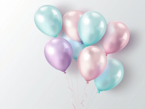 A cluster of pastel-colored balloons in a light and airy setting, depicting celebration and joy.