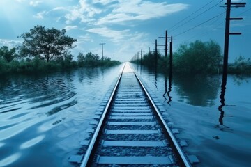 Flooded railroad tracks stretching into the horizon amidst a serene rural landscape.
