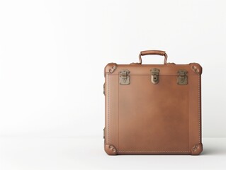 A classic brown leather suitcase with secure locks, symbolizing travel and adventure, isolated on a white backdrop.