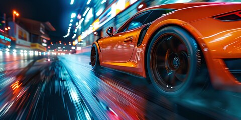 A car is speeding down a wet road with a blurred background. Generative AI