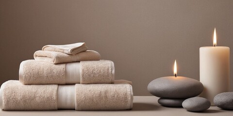 Fototapeta na wymiar Spa still life with towels, candles and stones on grey background.