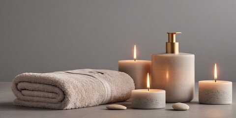 Fototapeta na wymiar Spa still life with candles, towels and soap on grey background.