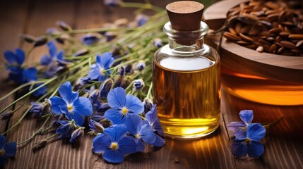 Brown flax seeds, linseed oil and blue flax flowers on a wooden background. A useful addition to food. Foods rich in fats and protein. Diet, vegetarianism.