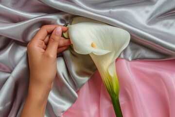 Hand touching calla lily on pink background with gray satin fabric - Powered by Adobe