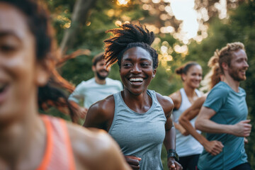 A diverse group of people running outdoors, smiling and laughing together in an active fitness class - obrazy, fototapety, plakaty