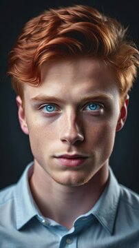 Aging man studio portrait. Aging process of redhead boy to senior man, slideshow illustrates transformation from 1 to 90 years old. Vertical video