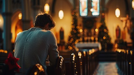 A young man prays in a church alone with thoughts and feelings both happy and sad. Surrounded by the Christmas atmosphere. ai generated.