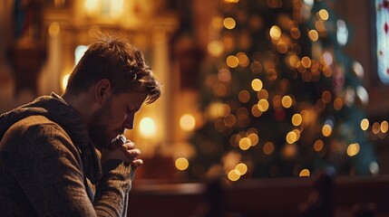 A young man prays in a church alone with thoughts and feelings both happy and sad. Surrounded by the Christmas atmosphere. ai generated.