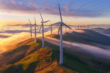 A group of wind turbines are on a hillside, with the sun setting behind them. Generative AI