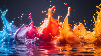 Colorful vibrant paint splashes in water; 3D rendering; mixture of blue, purple, red, orange on dark background; Digital 