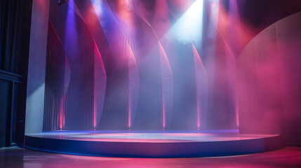Futuristic stage design for a modern dance show, featuring dramatic spotlight illumination and artistic color gradients in the background