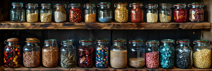 Jars of Seed and Grain Samples on Shelves ,
 taking the spice jar from the shelf 