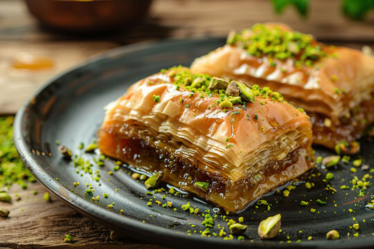 Baklava with pistachio nut on plate, layered pastry dessert made of filo pastry, and sweetened with syrup or honey 