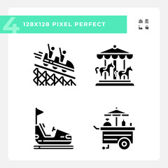 Riding amusement pixel perfect black glyph icons set on white space. Fairground attraction. Adrenaline vacation. Customizable thin line symbols. Isolated vector outline illustrations. Editable stroke