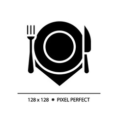 Restaurant cutlery place setting pixel perfect black glyph icon. Customer service, dining experience. Cooking equipment. Silhouette symbol on white space. Solid pictogram. Vector isolated illustration