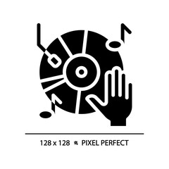 Vinyl music record pixel perfect black glyph icon. Old school sound system. Vintage audio. Disco entertainment. Silhouette symbol on white space. Solid pictogram. Vector isolated illustration