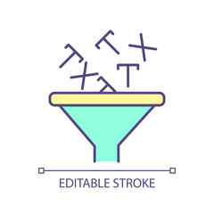 Text filtering RGB color icon. Artificial intelligence. Data processing, validation. Information analyzing assistance. Isolated vector illustration. Simple filled line drawing. Editable stroke