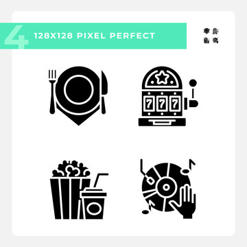 Leisure activities pixel perfect black glyph icons set on white space. Casino slot. Music player, food snacks. Customizable thin line symbols. Isolated vector outline illustrations. Editable stroke