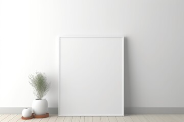 A clean, simple home interior scene with an empty white frame and a small plant.