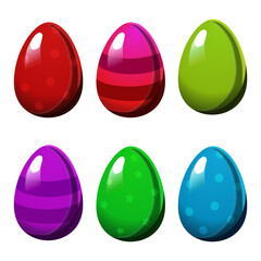 Colorful Easter striped eggs and eggs with polka dots isolated on white background. Illustration in flat style. Vector clipart for design of card, banner, flyer, sale, poster, icons