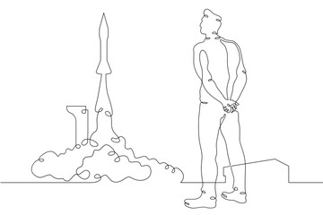 Spaceship launch. The constructor man watches the rocket take off. Rocket builder at the spaceport. One continuous line . Line art. Minimal single line.White background. One line drawing.