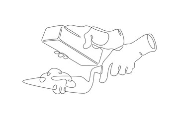 Brick laying. Builder's hand with a trowel and a brick. Trowel in the hand of a bricklayer. Spatula in hand.Construction and repair.One continuous line . Line art. Minimal single line.White background