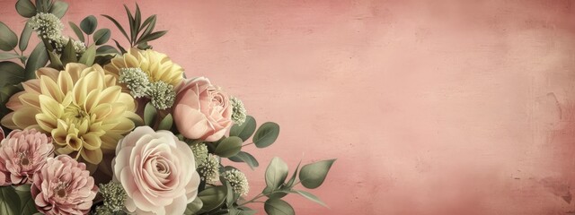 Floral banner, cover or header with vintage bouquets. Yellow peony, gerbera, roses isolated on pink background. 