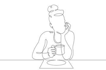 Woman drinking morning coffee. Girl with a cup of hot drink.One continuous line . Line art. Minimal single line.White background. One line drawing.