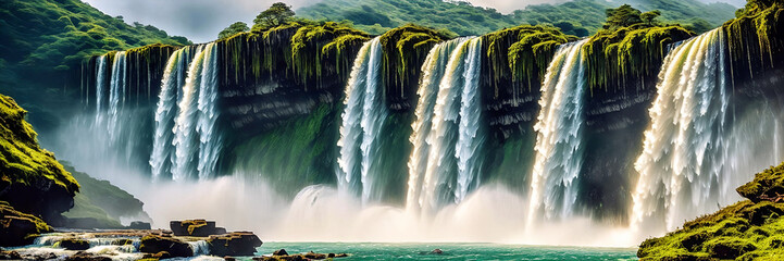 Witness a majestic waterfall plunging down a rocky cliff and beauty of nature in a mesmerizing capture