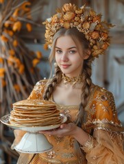 Religious holiday of the Slavs, Maslenitsa. Women dress up in traditional Russian costumes, bake pancakes and treat everyone