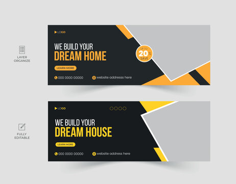 Construction facebook cover design, home repair social media banner, web banner ads template.