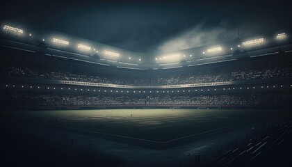 Soccer stadium illuminated at night, radiating energetic and motivational atmosphere. The bright stadium lights cast a glow over the lush green field, readying the scene for a thrilling game. AI - obrazy, fototapety, plakaty