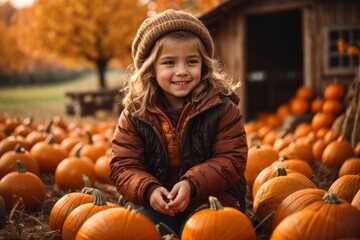 little girl on pumpkin farm fall autumn, halloween day