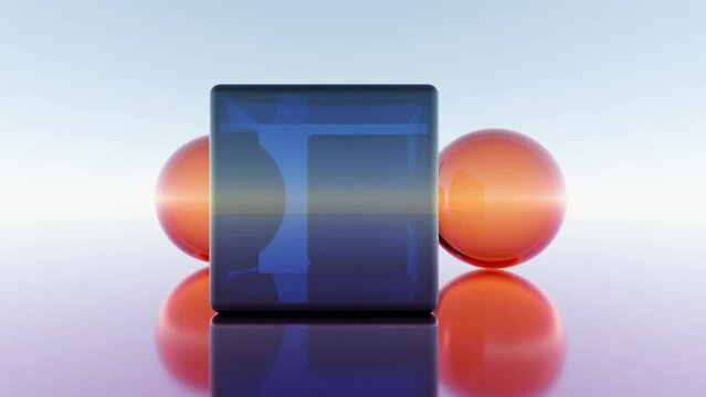 Modern Abstract Animation: Rotating Transparent Blue Cubes and Orange Spheres on Mirrored Surface