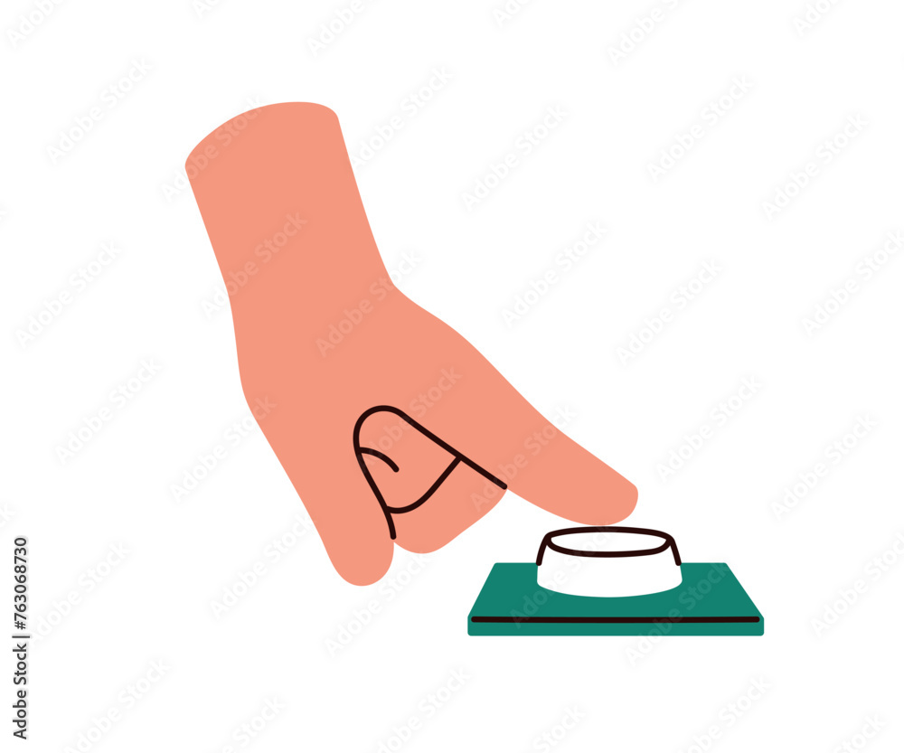 Poster pushing, pressing, touching, tapping control button with finger. hand switching, turning on and off,
