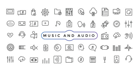 Fototapeta na wymiar Music and Audio Video Icons Pack. Thin line icons set. Flat icon collection set.