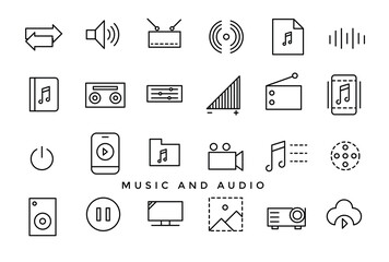 Music and Audio Video Icons Pack. Thin line icons set. Flat icon collection set.