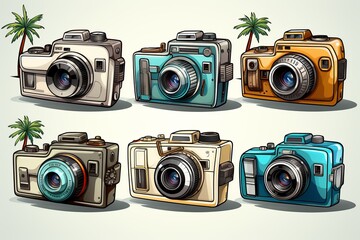 Colorful vintage cameras with palm trees icons for capturing unforgettable summer travel memories