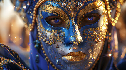 Majestic indigo and gold-themed background pays tribute to the cultural richness of Mardi Gras, with extravagant masks, dazzling bead necklaces, and lively street parades