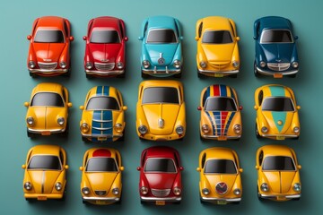 Collection of colorful vintage toy car icons on blue background for retro vehicle enthusiasts