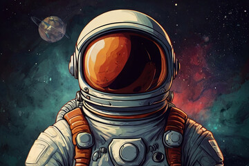 Vintage-style illustration of space astronaut. Abstract science fiction poster or banner. 