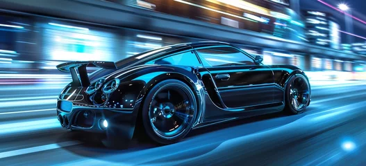 Rolgordijnen A futuristic car with sleek automotive design cruises down nighttime streets © Jahid