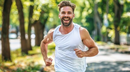 Naklejka na ściany i meble European young man maintaining fitness and health through joyful outdoor running and jogging
