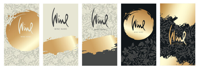 Collection labels for wine. Vector illustration, set of backgrounds with grapes and gold strokes.	