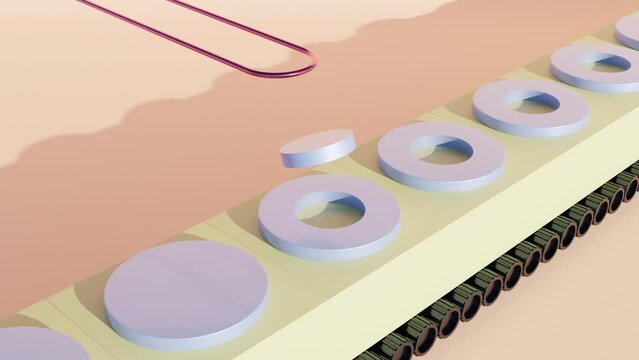 Conveyor Belt with Rings and Falling Discs on Peach Background: Modern Render