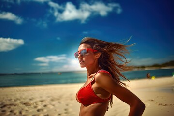 Beautiful sexy woman wearing sunglasses at sandy beach by the ocean. Generative Ai