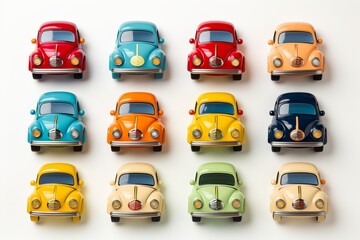 Set of colorful vintage toy car icons on white background for collectors and enthusiasts